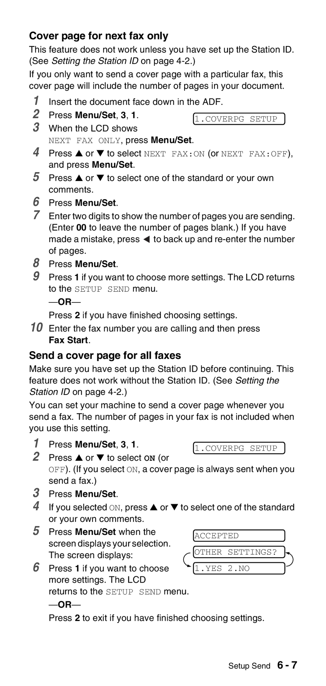 Brother FAX-575 manual Cover page for next fax only, Send a cover page for all faxes, When the LCD shows 