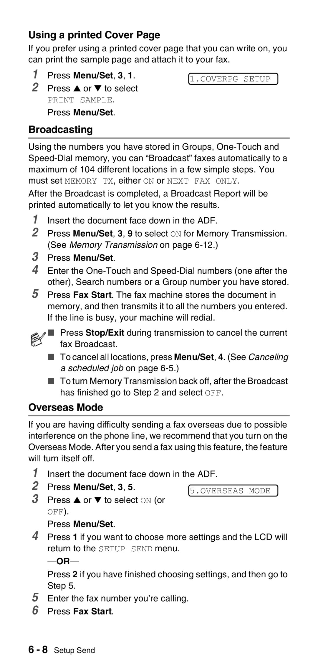 Brother FAX-575 manual Using a printed Cover, Broadcasting, Overseas Mode 