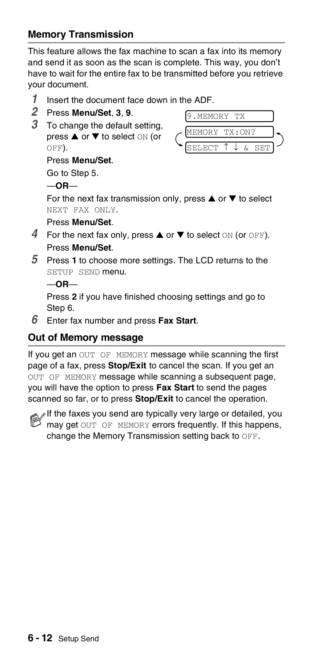 Brother FAX-575 Memory Transmission, Out of Memory message, To change the default setting, press or to select on or OFF 