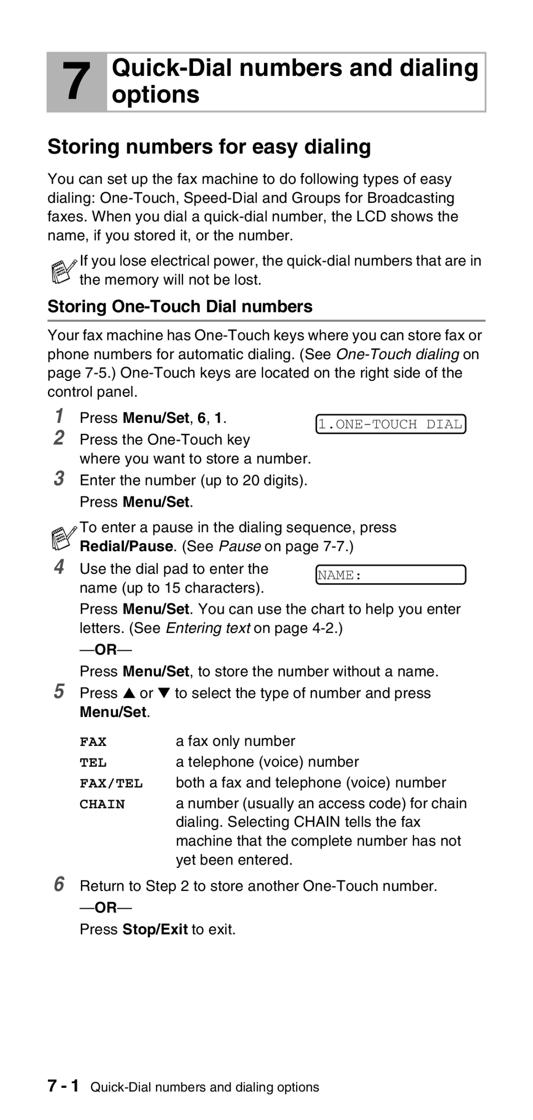 Brother FAX-575 Quick-Dial numbers and dialing options, Storing numbers for easy dialing, Storing One-Touch Dial numbers 