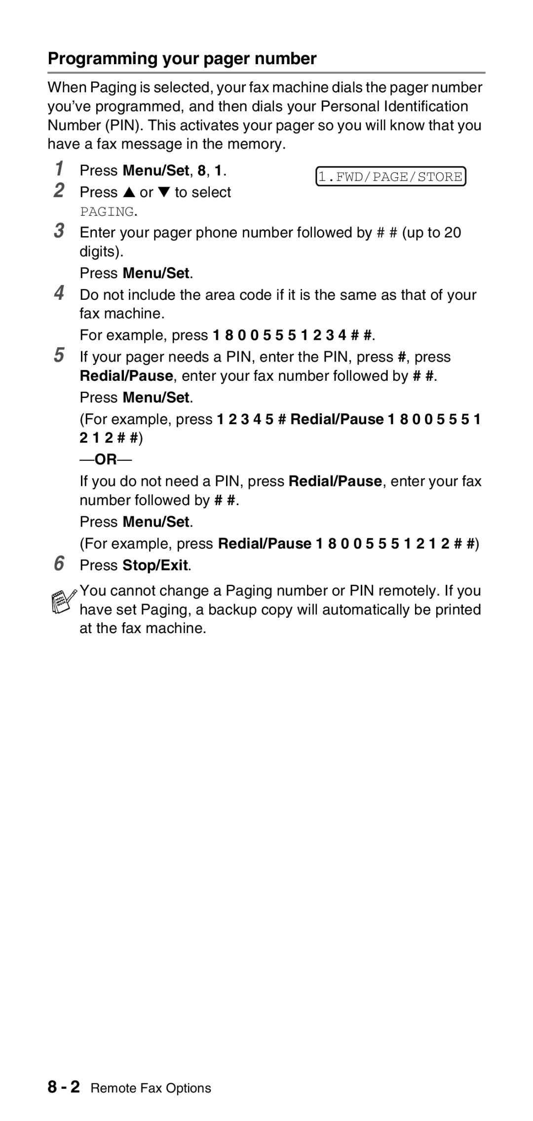 Brother FAX-575 manual Programming your pager number, For example, press 1 8 0 0 5 5 5 1 2 3 4 # # 