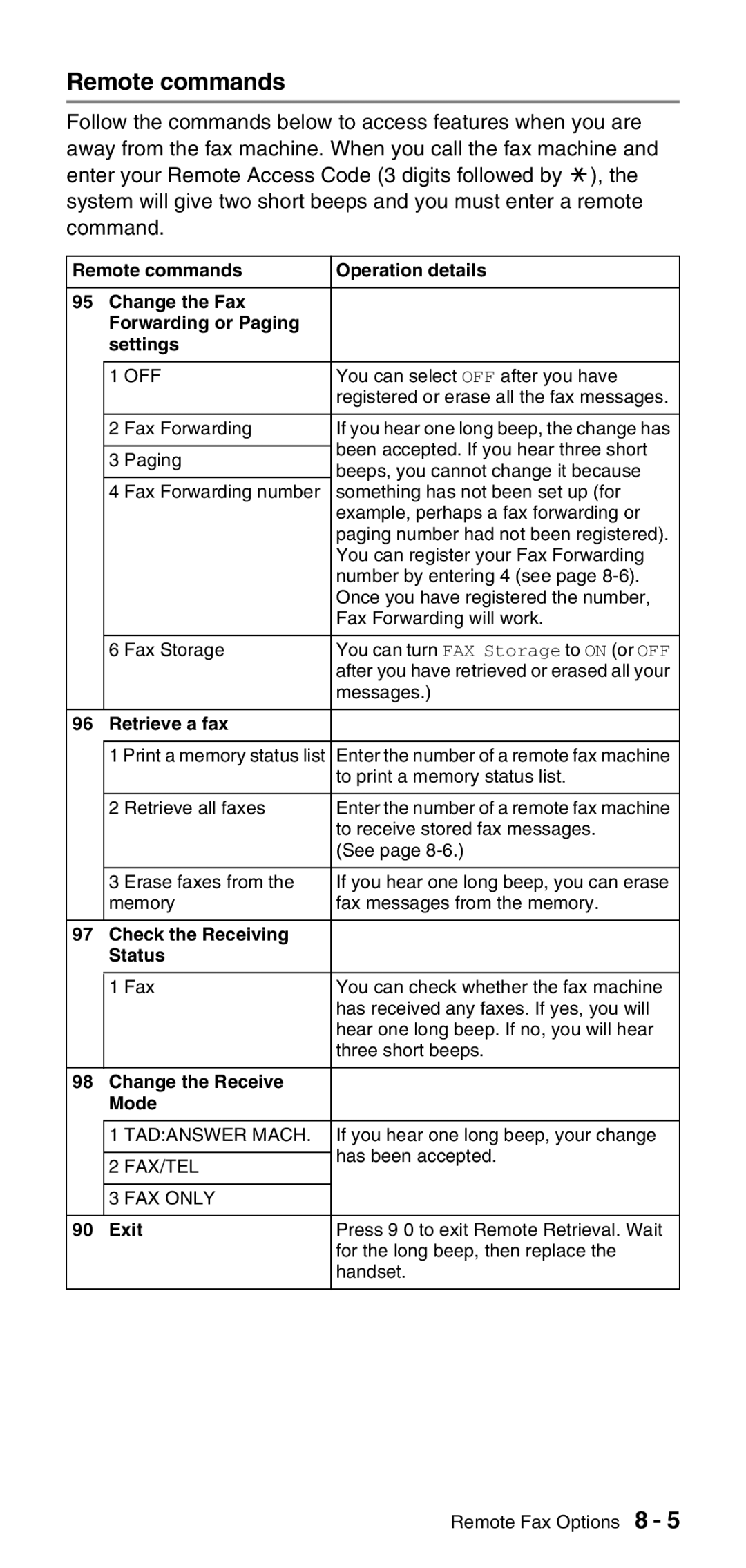 Brother FAX-575 manual Remote commands, Off 