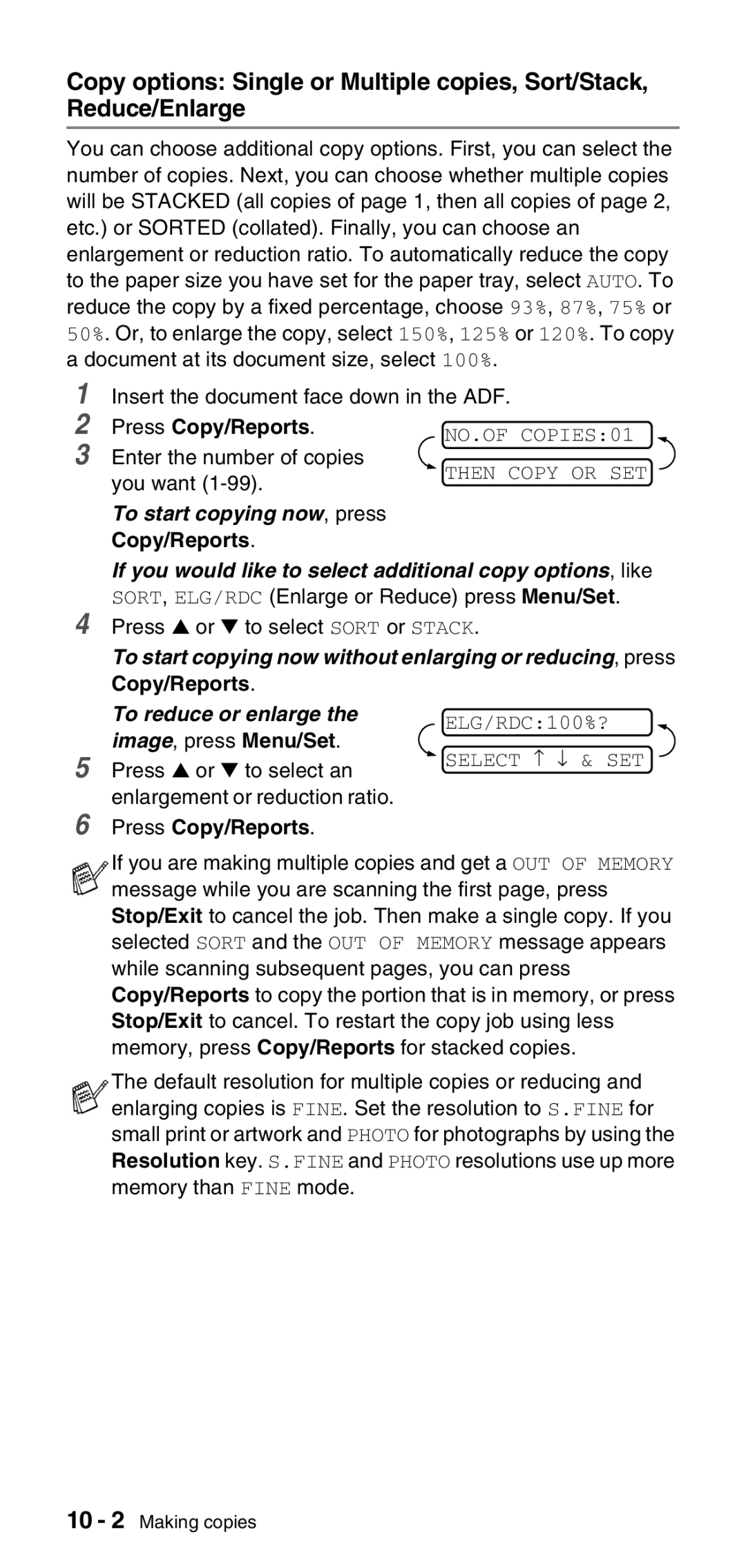 Brother FAX-575 manual Enter the number of copies you want, Press or to select Sort or Stack 