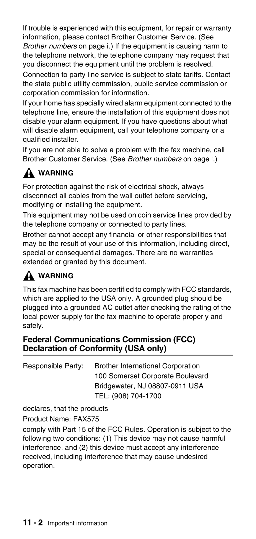 Brother FAX-575 manual 11 2 Important information 