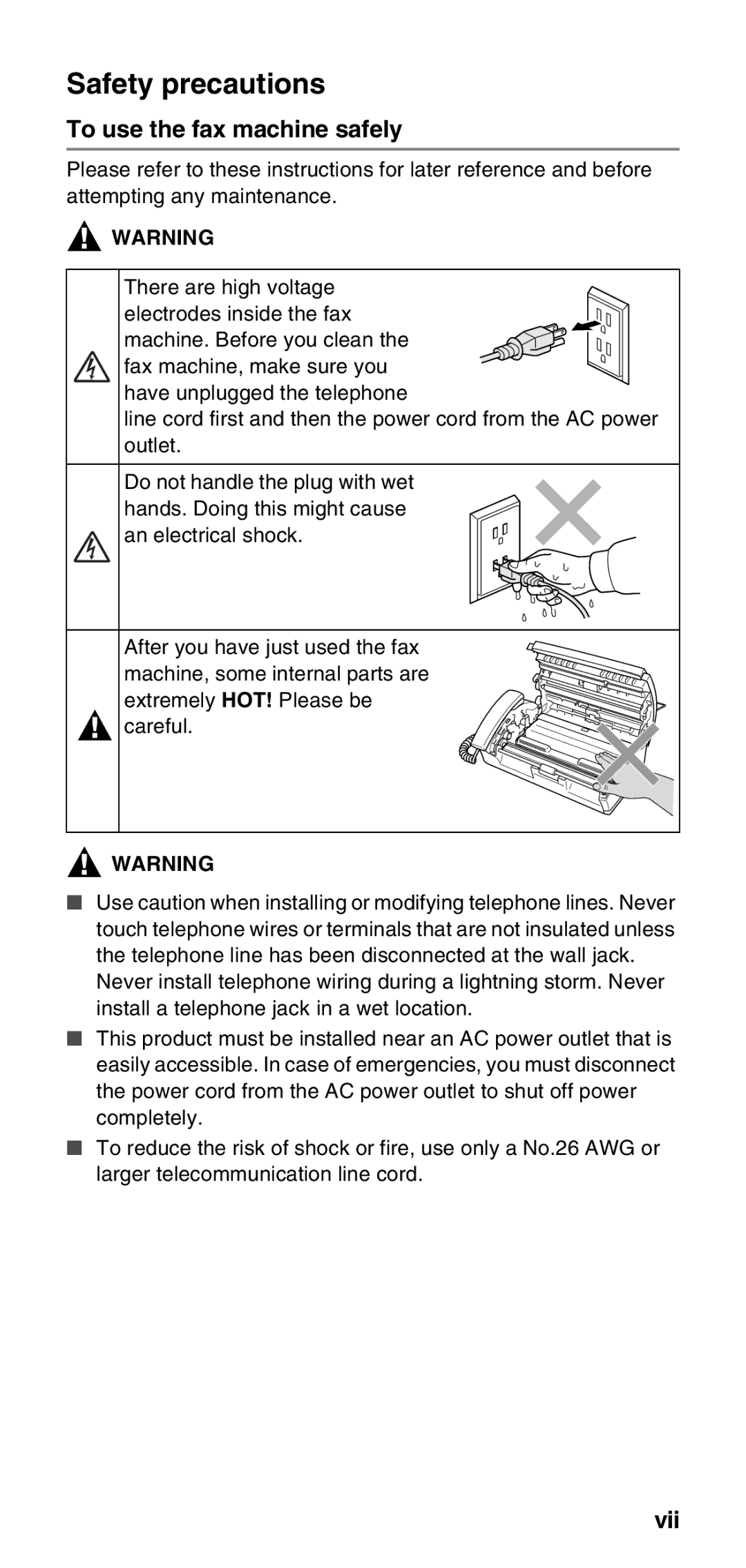 Brother FAX-575 manual Safety precautions, To use the fax machine safely, Vii 