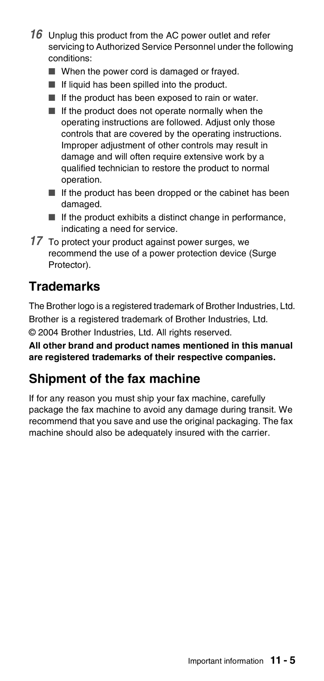 Brother FAX-575 manual Trademarks, Shipment of the fax machine 