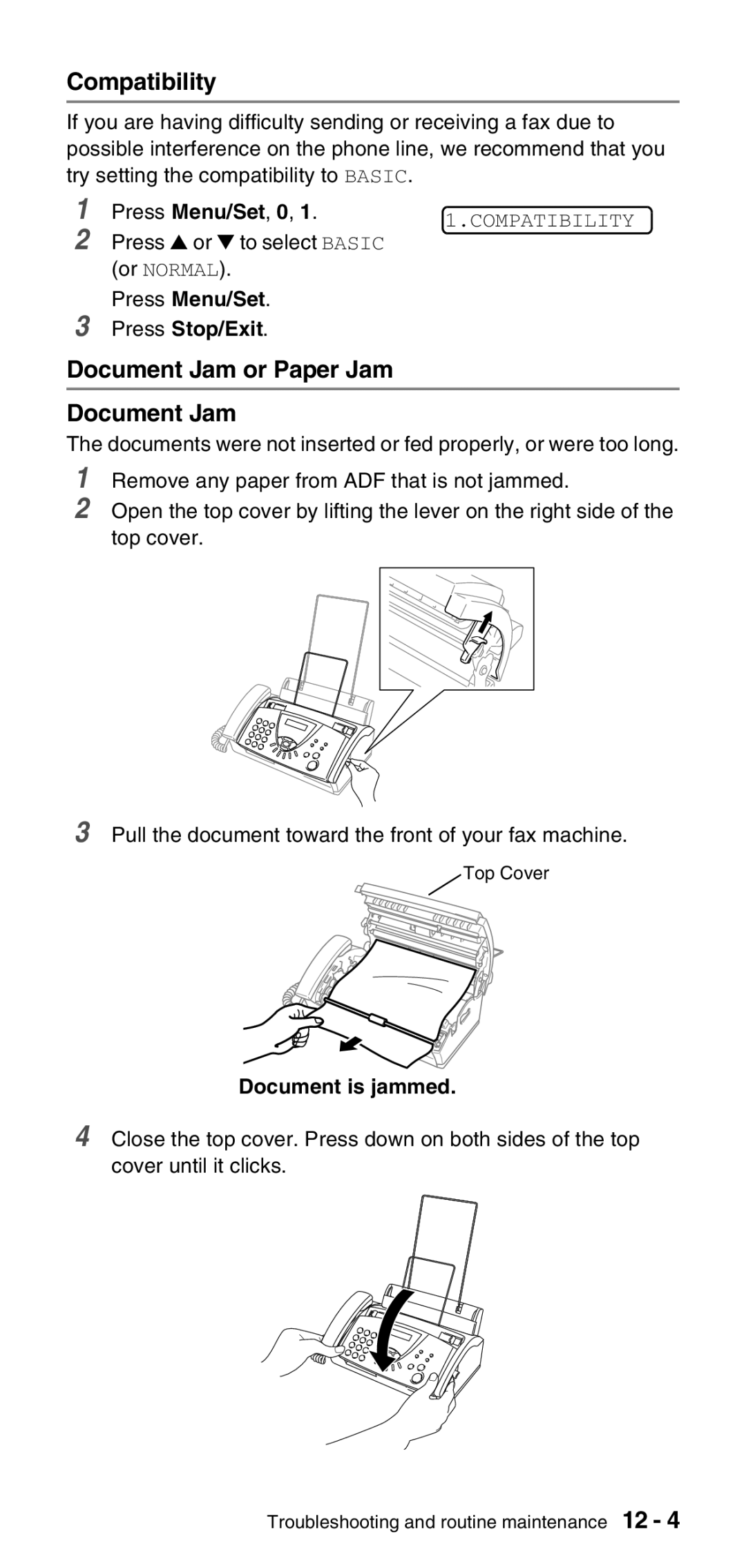 Brother FAX-575 manual Compatibility, Document Jam or Paper Jam, Press or to select Basic, Or Normal, Document is jammed 