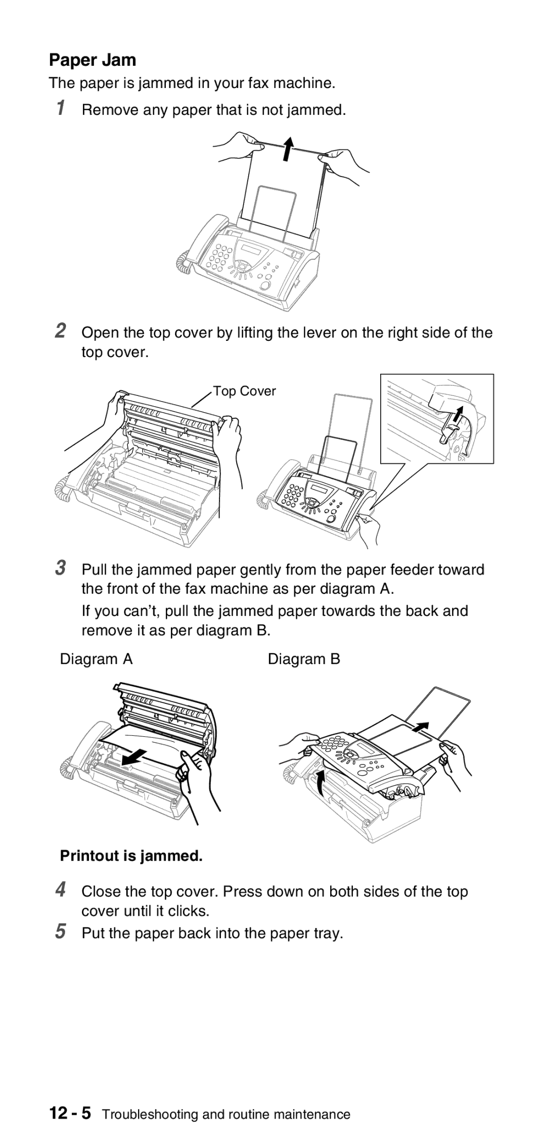 Brother FAX-575 manual Paper Jam, Printout is jammed 