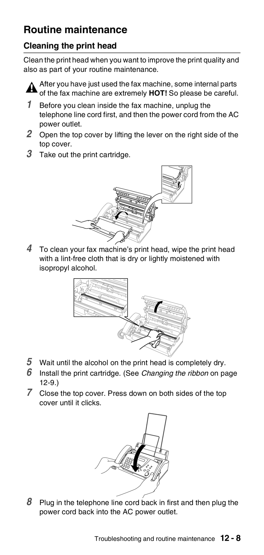 Brother FAX-575 manual Routine maintenance, Cleaning the print head 