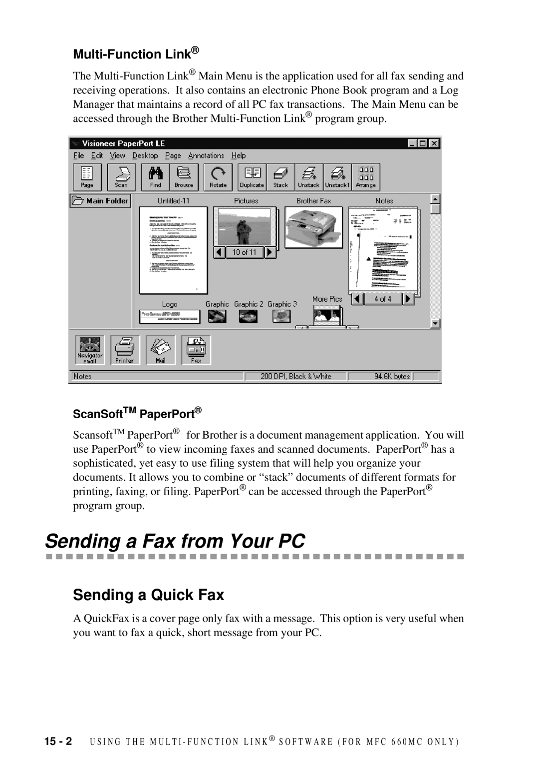 Brother FAX 580MC owner manual Sending a Fax from Your PC, Sending a Quick Fax, Multi-Function Link, ScanSoftTM PaperPort 