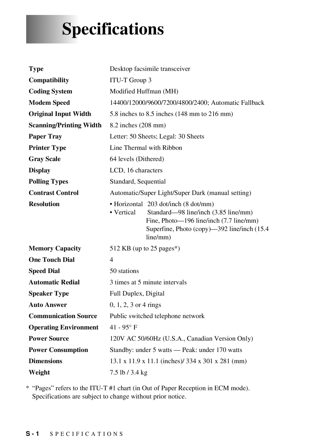 Brother FAX 580MC owner manual Specifications, Resolution 