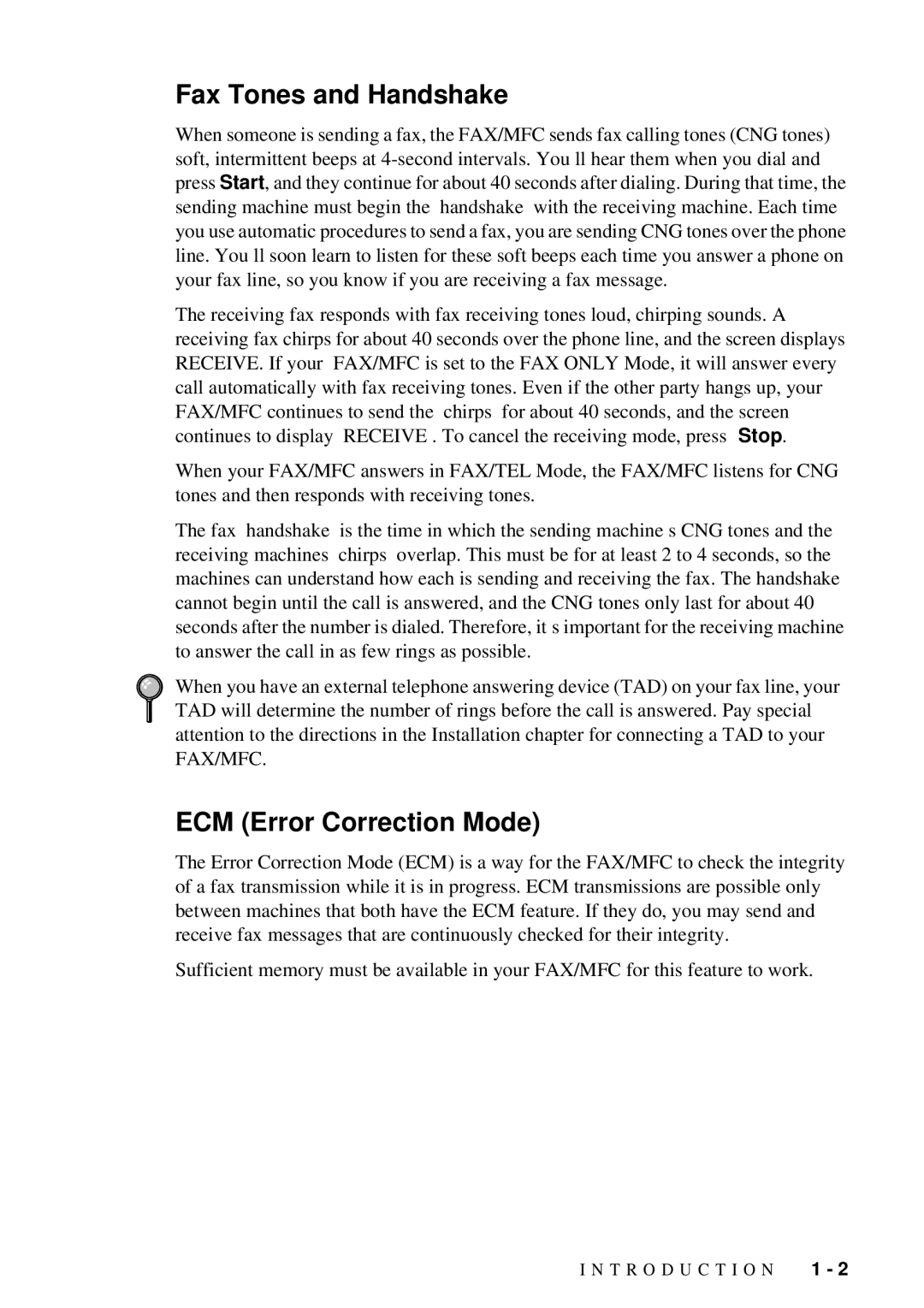 Brother FAX 580MC owner manual Fax Tones and Handshake, ECM Error Correction Mode 