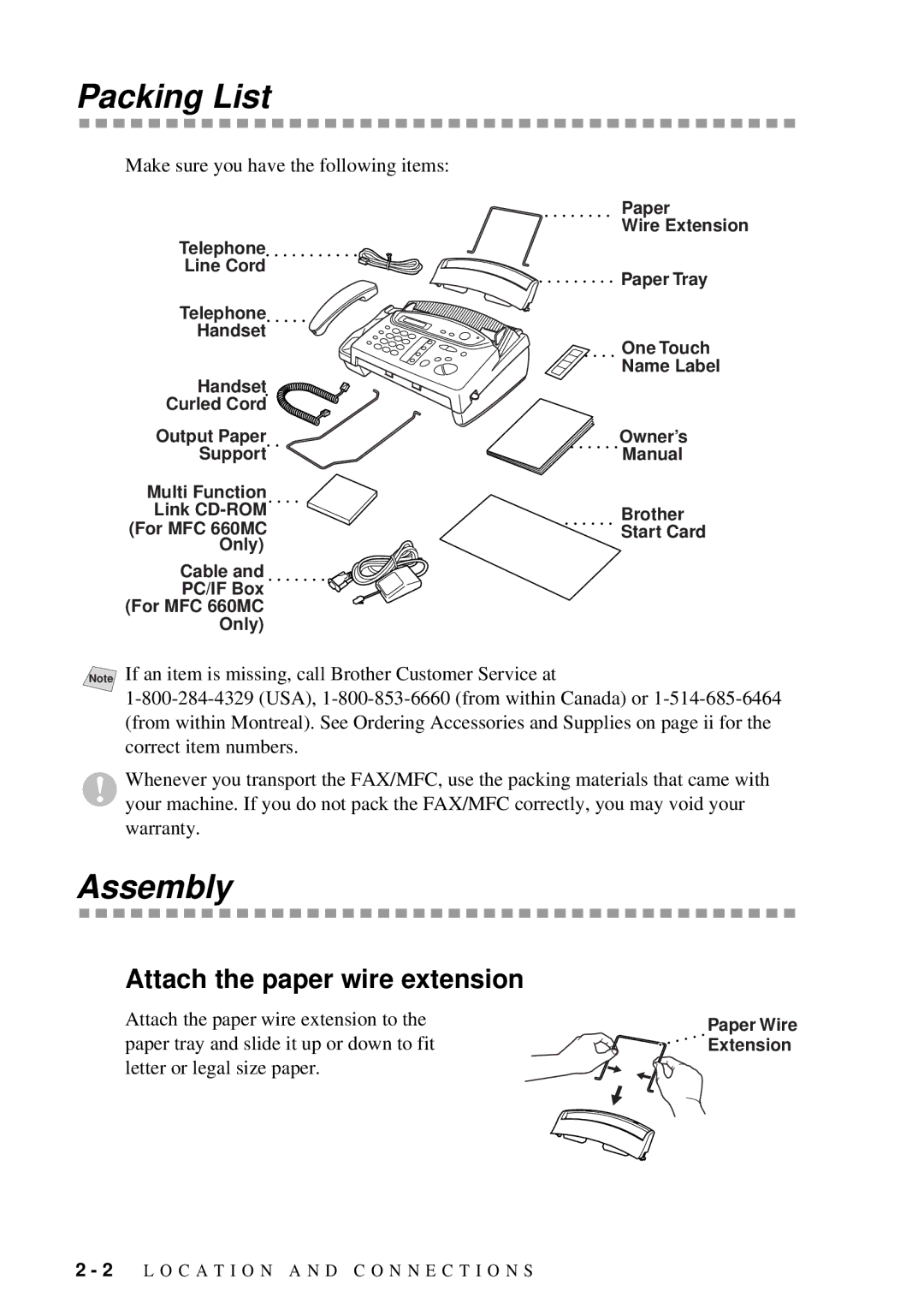 Brother FAX 580MC owner manual Packing List, Assembly, Attach the paper wire extension 