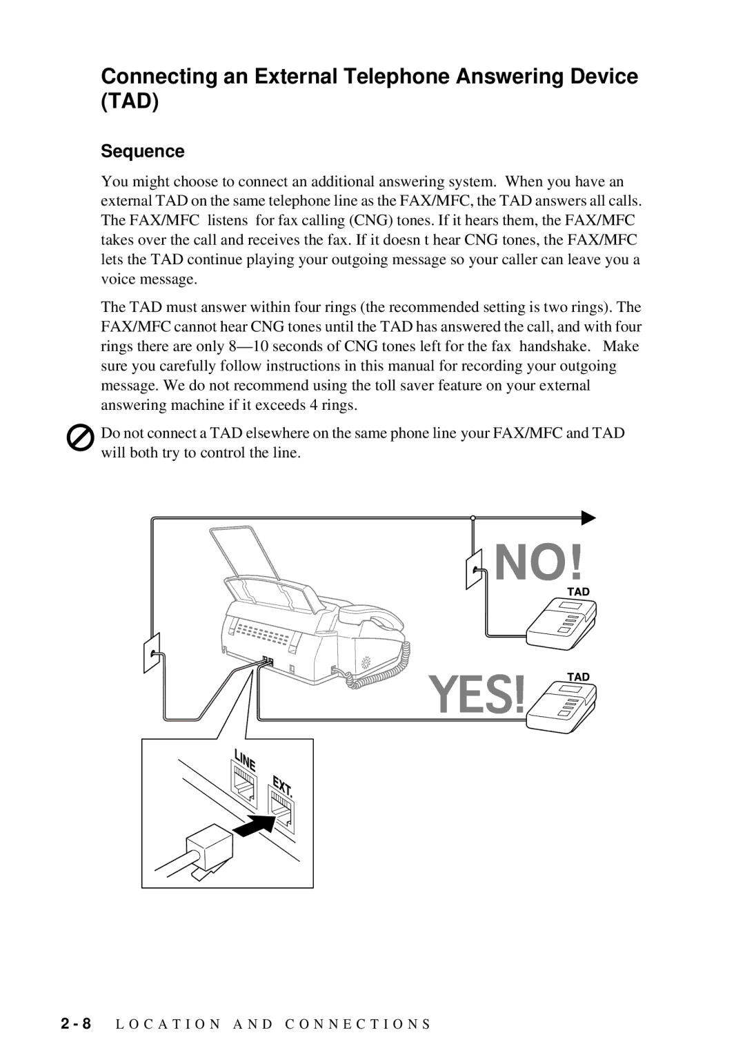 Brother FAX 580MC owner manual Connecting an External Telephone Answering Device TAD, Sequence 