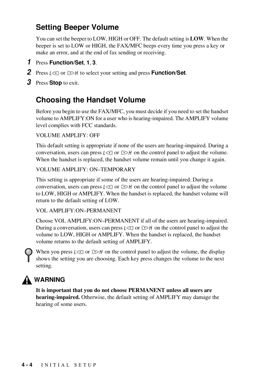 Brother FAX 580MC Setting Beeper Volume, Choosing the Handset Volume, Volume Amplify OFF, Volume Amplify ON-TEMPORARY 