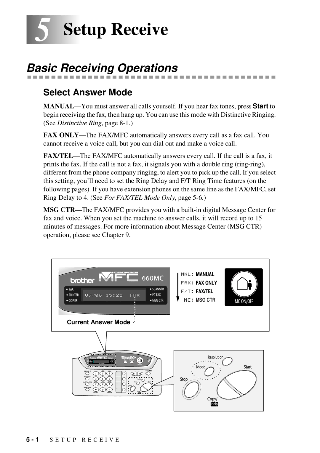 Brother FAX 580MC owner manual 5Setup Receive, Basic Receiving Operations, Select Answer Mode 