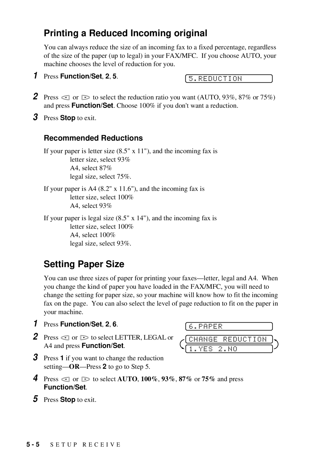 Brother FAX 580MC owner manual Printing a Reduced Incoming original, Setting Paper Size, Recommended Reductions 