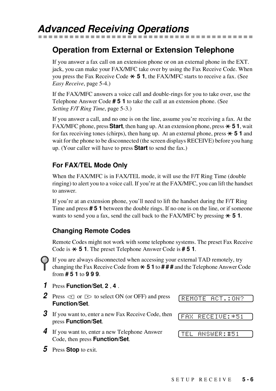 Brother FAX 580MC Advanced Receiving Operations, Operation from External or Extension Telephone, For FAX/TEL Mode Only 