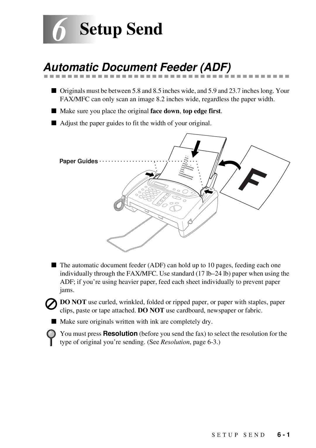 Brother FAX 580MC owner manual 6Setup Send, Automatic Document Feeder ADF 