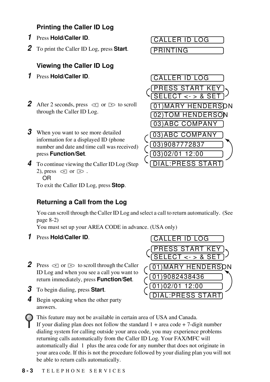 Brother FAX 580MC Printing the Caller ID Log, Viewing the Caller ID Log, Dialpress Start, Returning a Call from the Log 