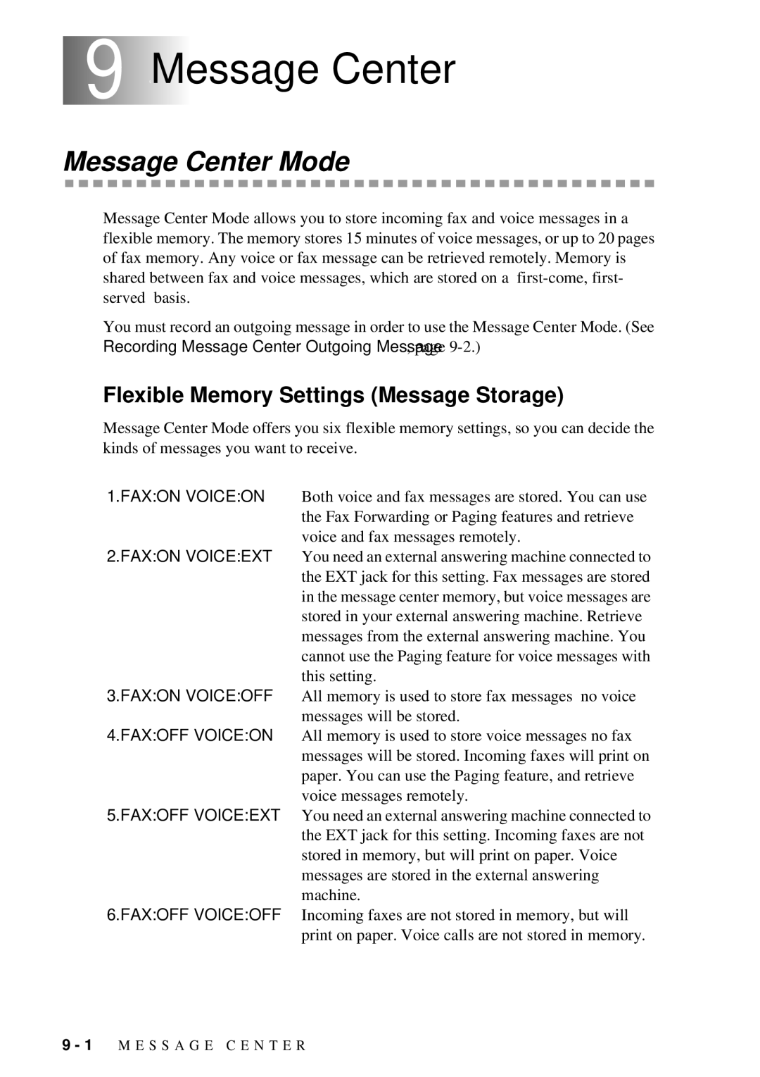 Brother FAX 580MC owner manual 9Message Center, Message Center Mode, Flexible Memory Settings Message Storage 