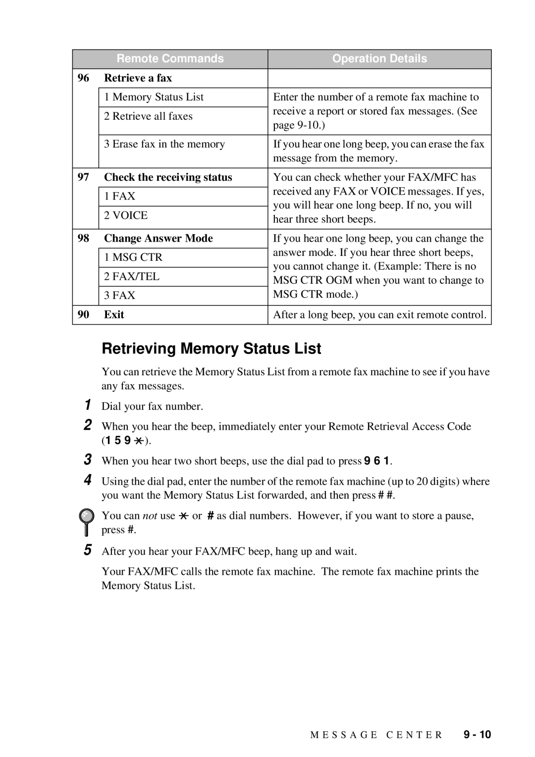 Brother FAX 580MC owner manual Voice, Msg Ctr, Fax/Tel 