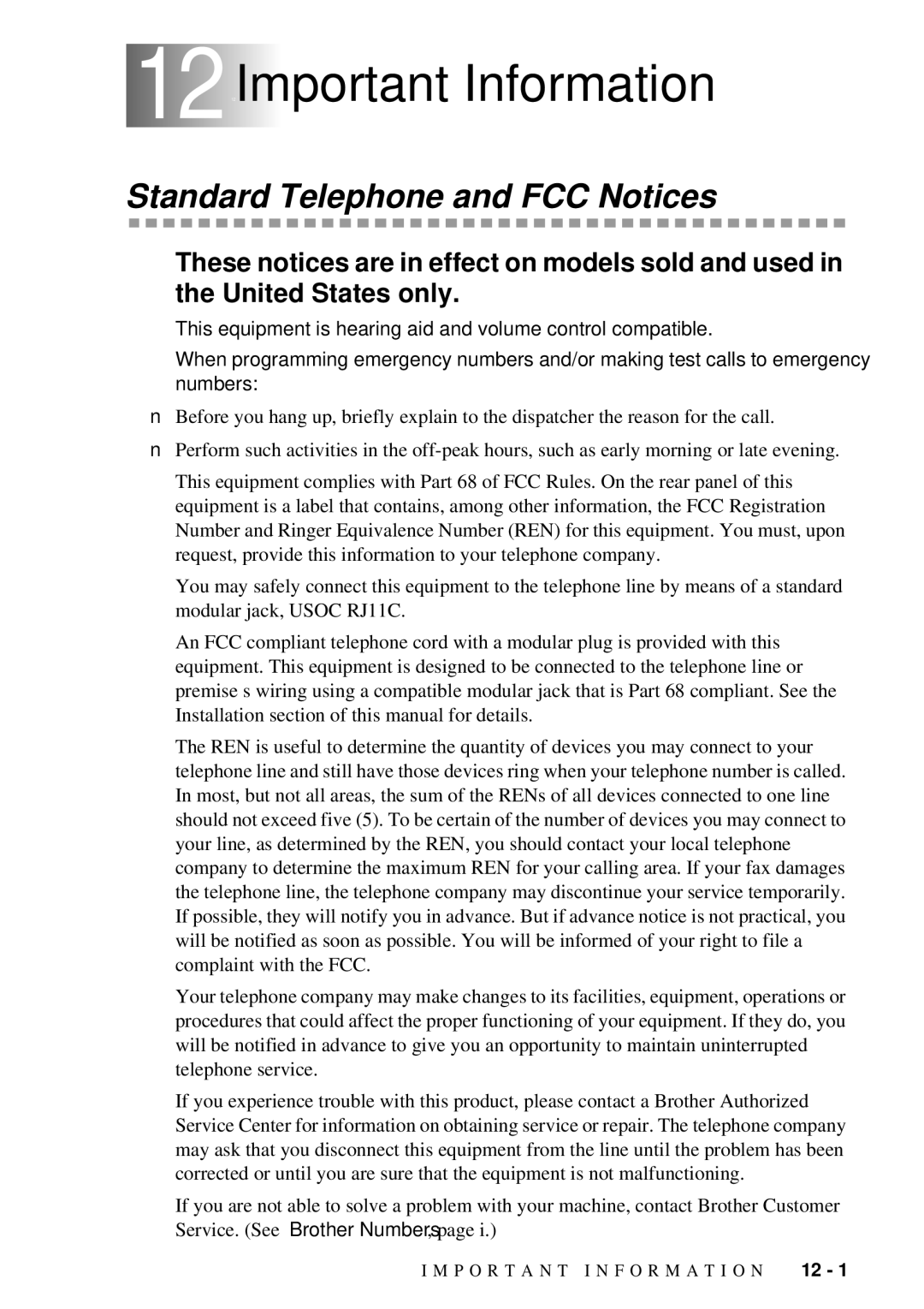 Brother FAX 580MC owner manual 12 12Important Information, Standard Telephone and FCC Notices 