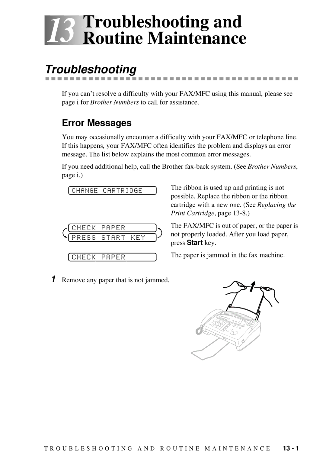 Brother FAX 580MC owner manual 13 13Troubleshooting and Routine Maintenance, Error Messages, Change Cartridge 