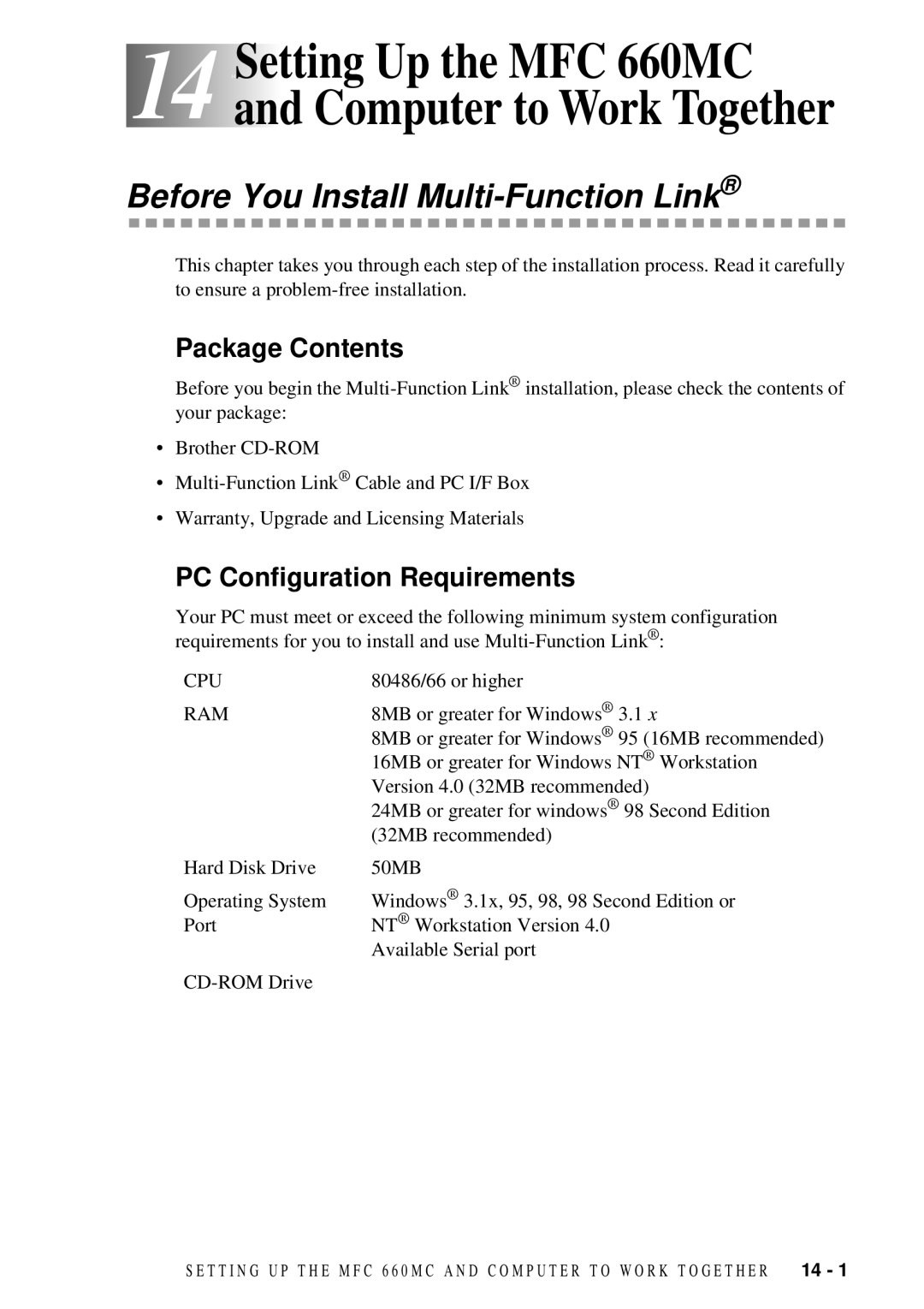 Brother FAX 580MC owner manual Before You Install Multi-Function Link, Package Contents, PC Configuration Requirements 