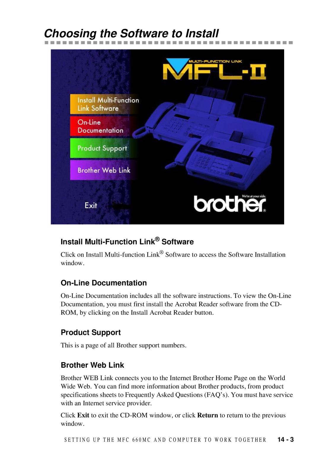 Brother FAX 580MC Choosing the Software to Install, Install Multi-Function Link Software, On-Line Documentation 