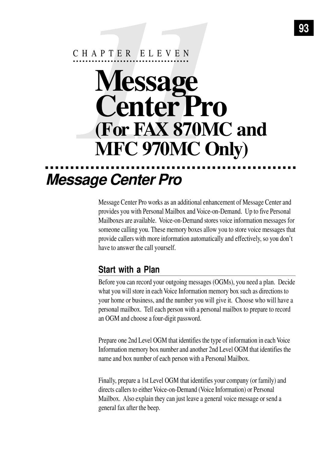 Brother MFC 970MC, FAX 770, FAX 870MC, FAX 750 owner manual Message Center Pro, Start with a Plan 