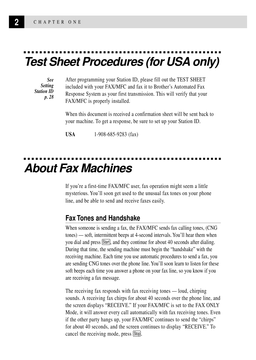 Brother FAX 770 Test Sheet Procedures for USA only, About Fax Machines, Fax Tones and Handshake, USA 1-908-685-9283 fax 