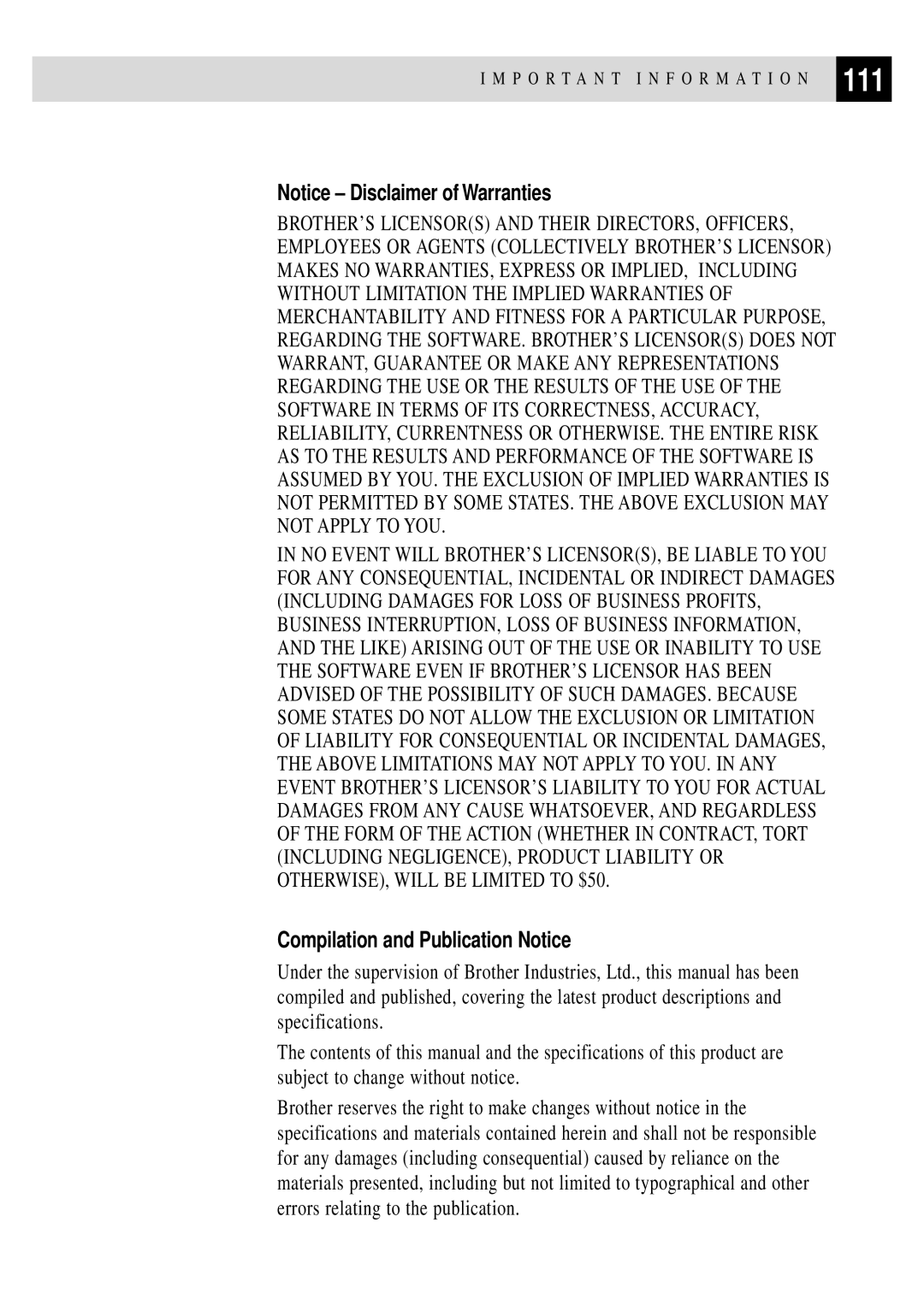 Brother FAX 870MC, FAX 770, FAX 750, MFC 970MC owner manual 111, Compilation and Publication Notice 