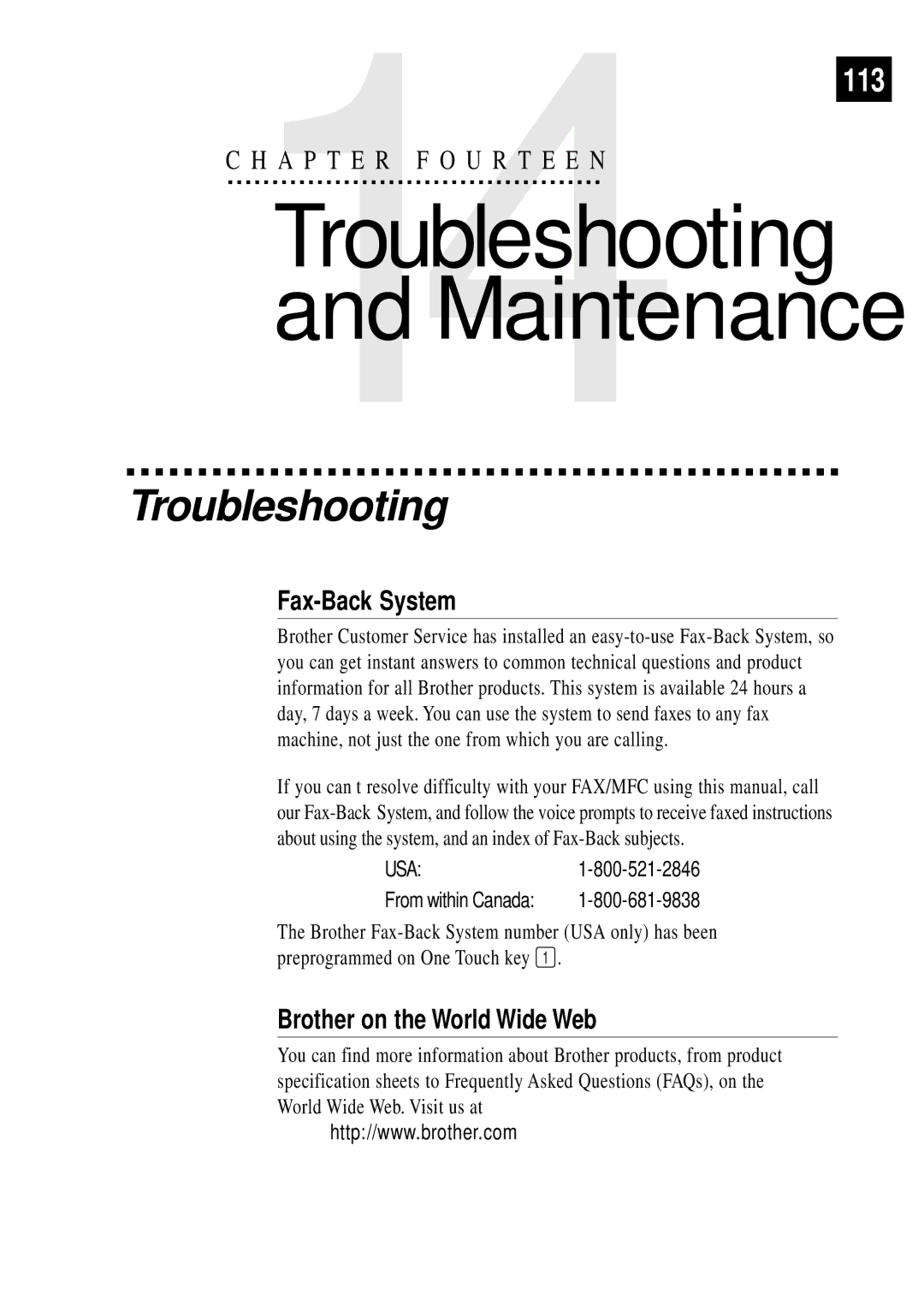 Brother MFC 970MC, FAX 770, FAX 870MC, FAX 750 owner manual Troubleshooting, Fax-Back System, Brother on the World Wide Web 