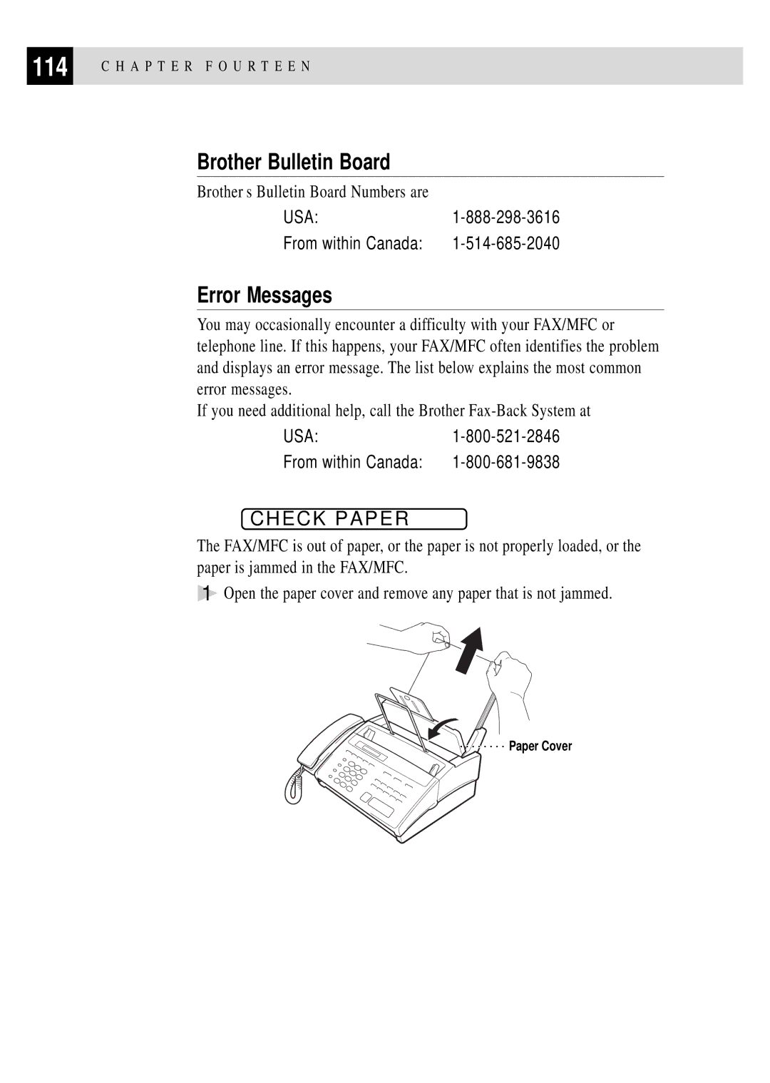 Brother FAX 770, FAX 870MC Brother Bulletin Board, Error Messages, Check Paper, Brother’s Bulletin Board Numbers are 