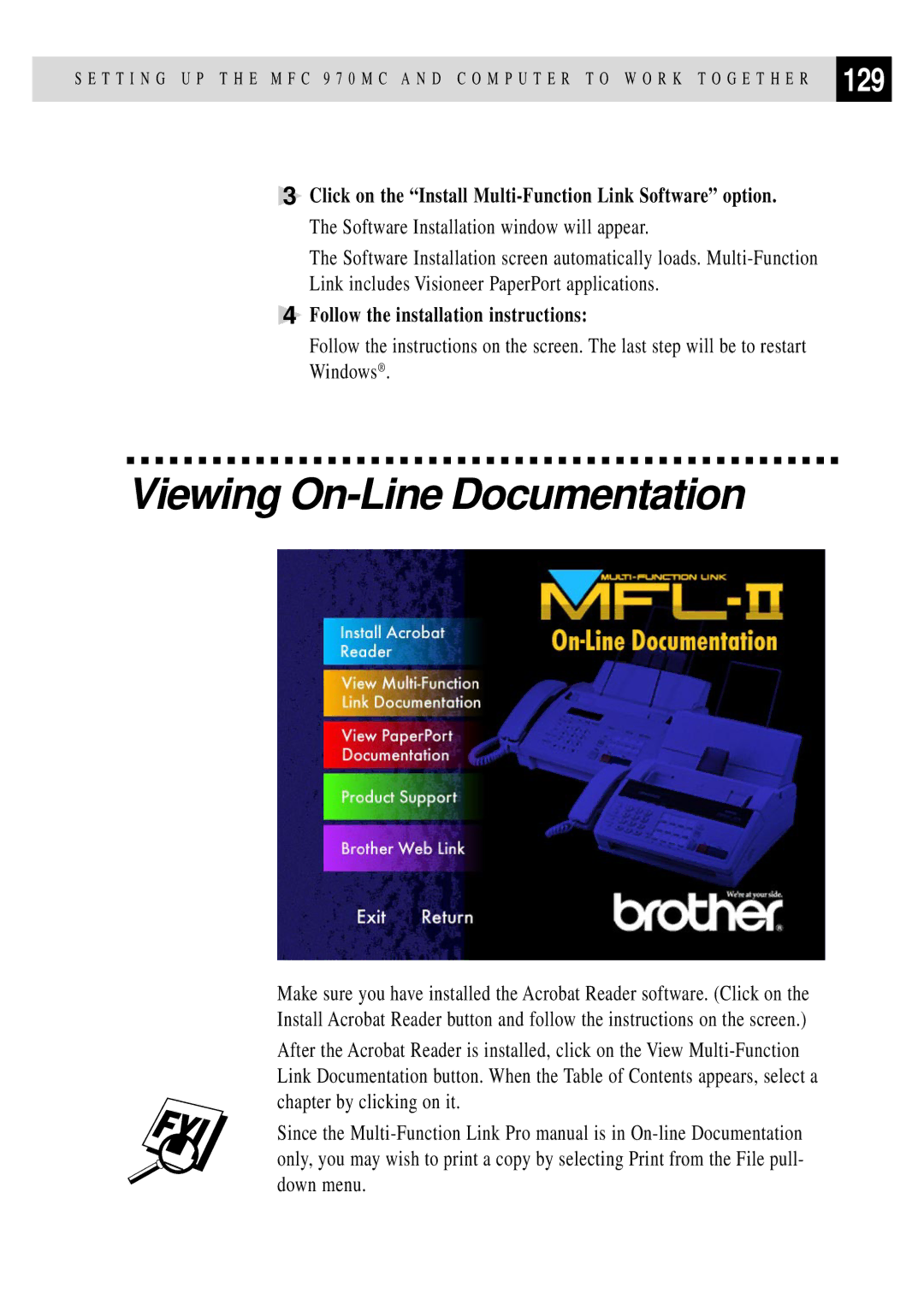 Brother MFC 970MC, FAX 770, FAX 870MC, FAX 750 owner manual Viewing On-Line Documentation, 129 