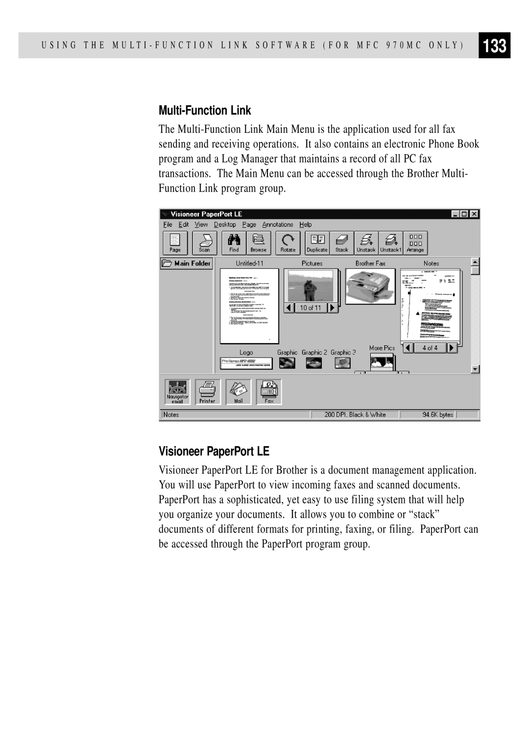 Brother MFC 970MC, FAX 770, FAX 870MC, FAX 750 owner manual 133, Multi-Function Link, Visioneer PaperPort LE 