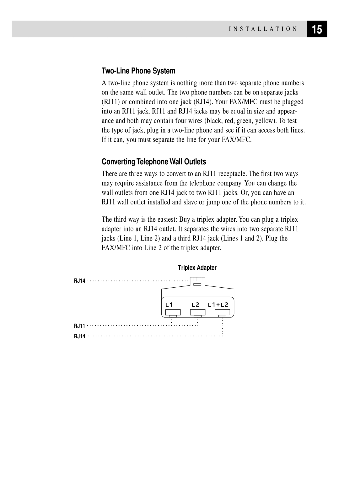 Brother FAX 870MC, FAX 770, FAX 750, MFC 970MC owner manual Two-Line Phone System, Converting Telephone Wall Outlets 