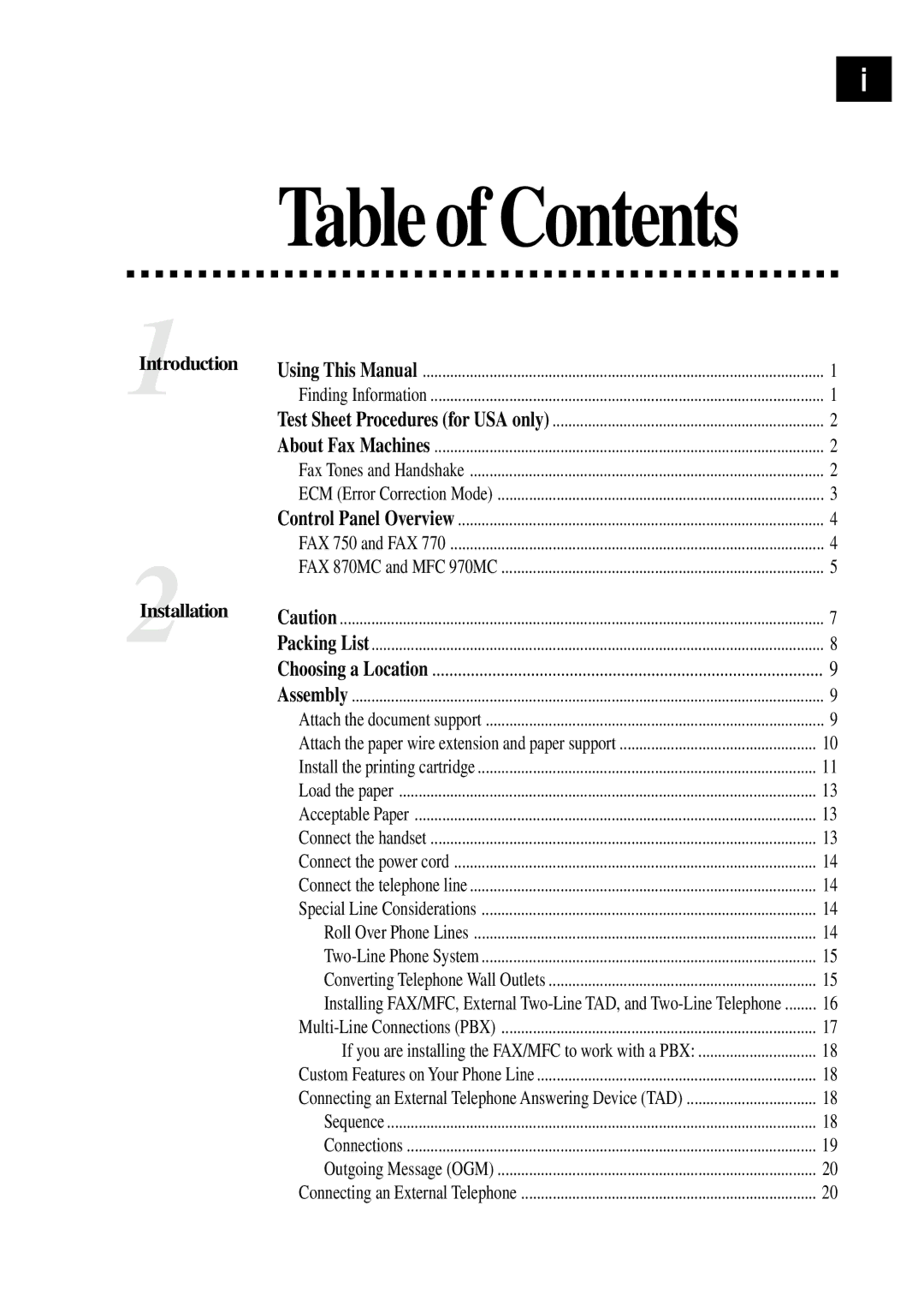 Brother MFC 970MC, FAX 770, FAX 870MC, FAX 750 owner manual Table of Contents 