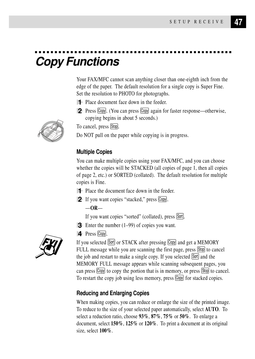 Brother FAX 870MC, FAX 770, FAX 750, MFC 970MC owner manual Copy Functions, Multiple Copies, Reducing and Enlarging Copies 