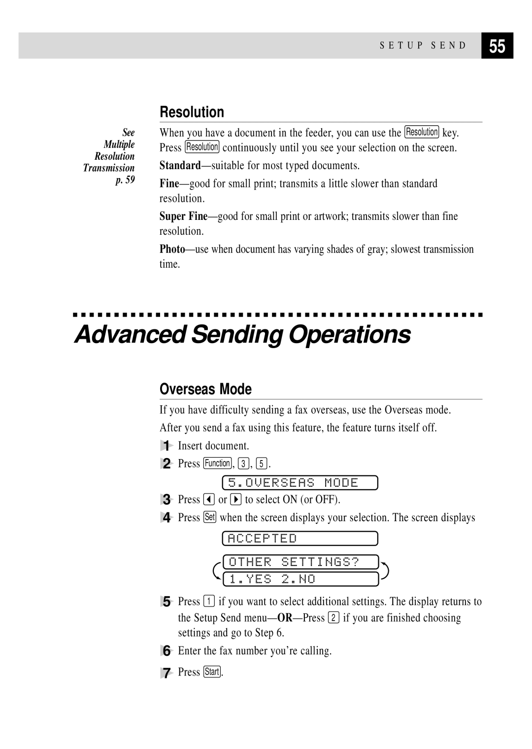 Brother FAX 870MC, FAX 770, FAX 750, MFC 970MC owner manual Advanced Sending Operations, Resolution, Overseas Mode 