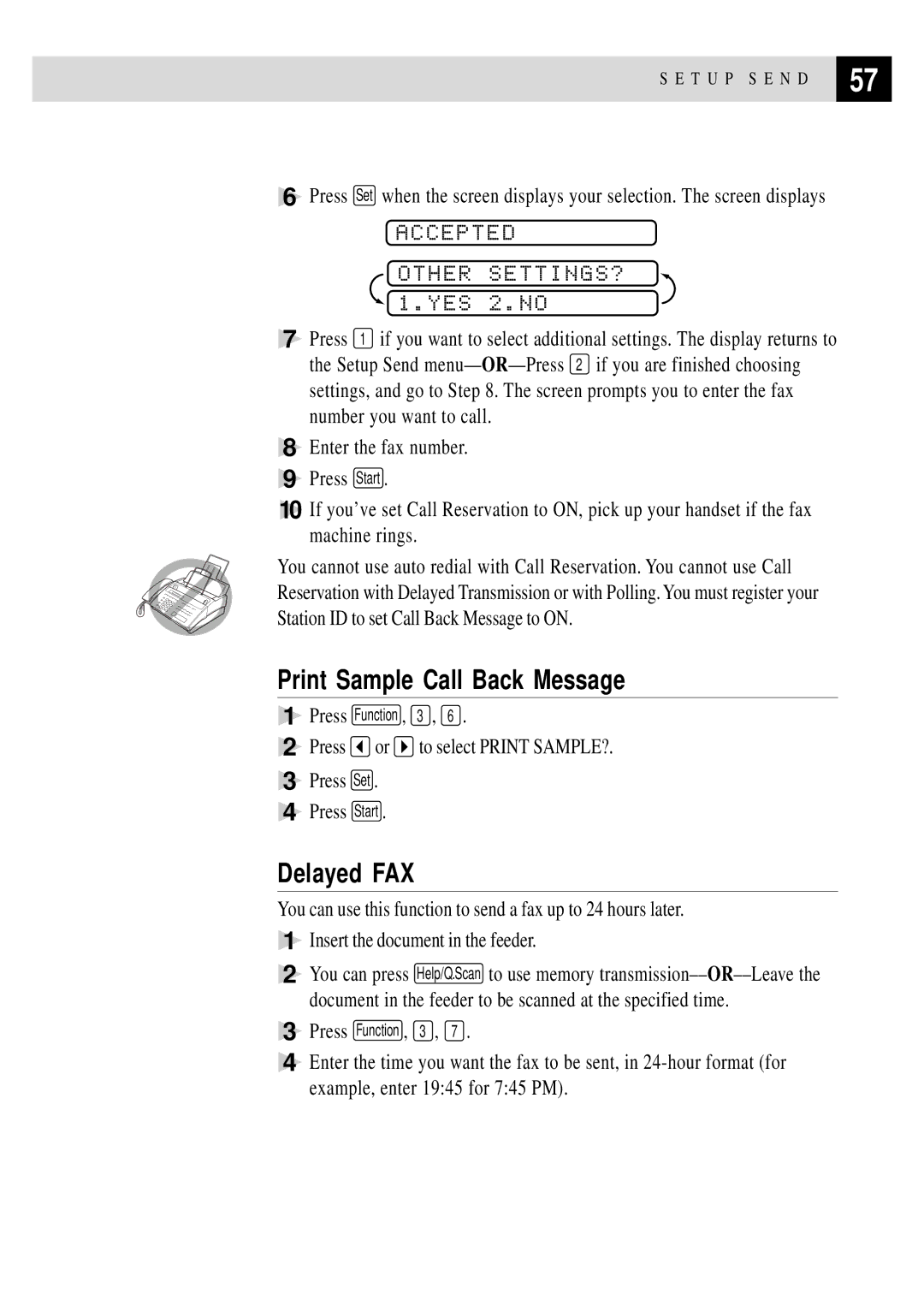 Brother MFC 970MC Print Sample Call Back Message, Delayed FAX, Press or to select Print SAMPLE? Press Set Press Start 