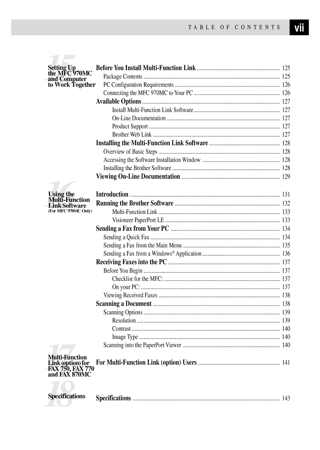 Brother FAX 870MC, FAX 770, FAX 750, MFC 970MC owner manual Vii 