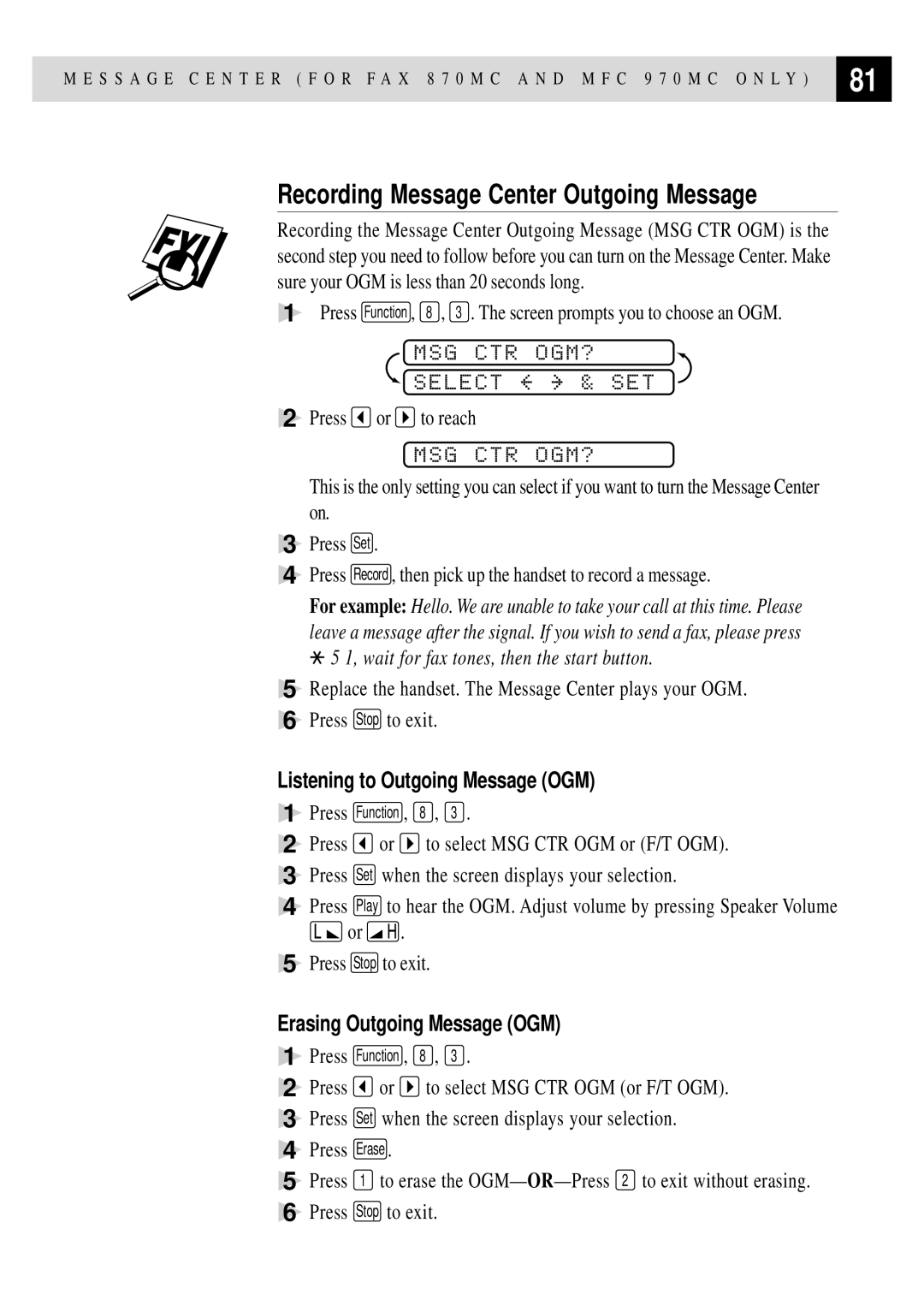 Brother MFC 970MC, FAX 770, FAX 870MC Recording Message Center Outgoing Message, MSG CTR OGM? Select & SET, Msg Ctr Ogm? 