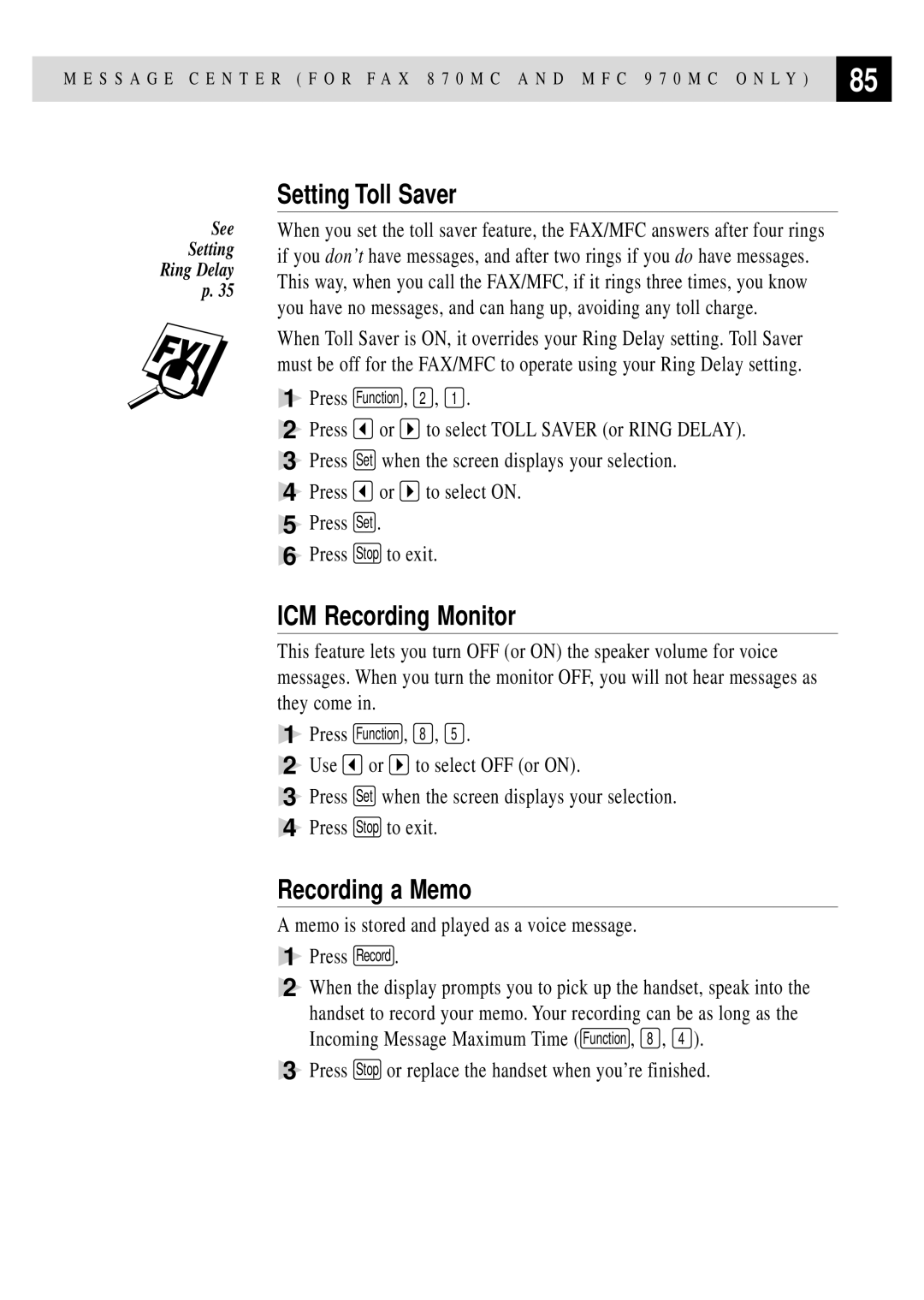 Brother MFC 970MC, FAX 770, FAX 870MC, FAX 750 owner manual Setting Toll Saver, ICM Recording Monitor, Recording a Memo 