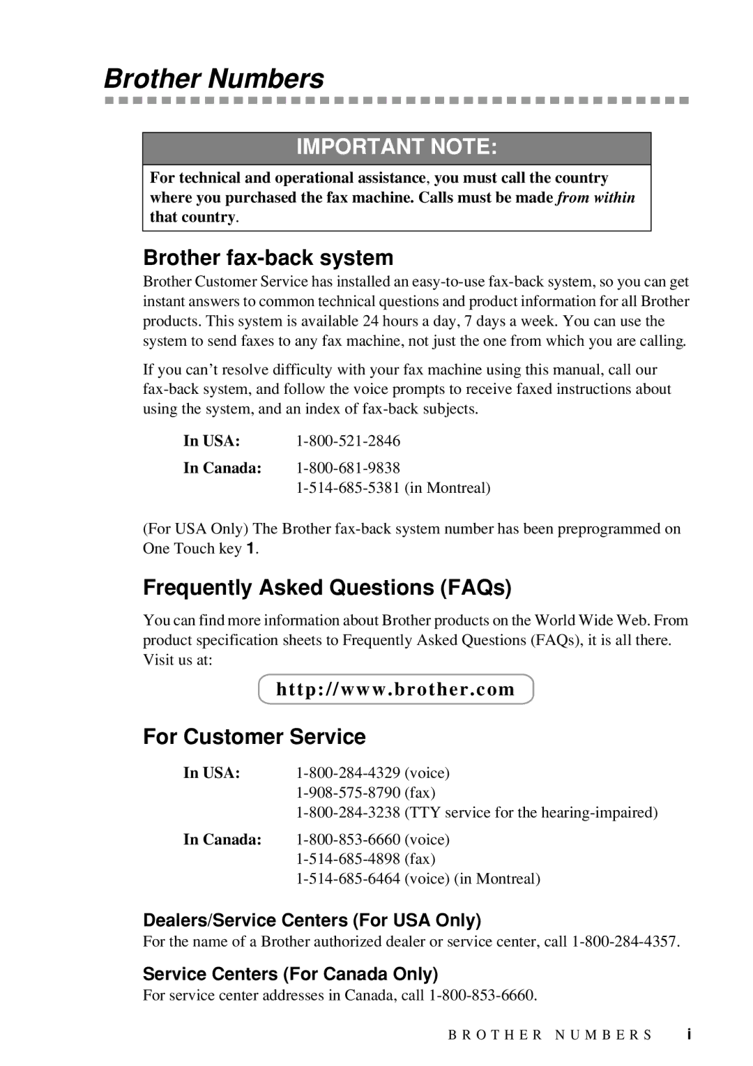 Brother FAX-775 Brother Numbers, Brother fax-back system, Frequently Asked Questions FAQs, For Customer Service 