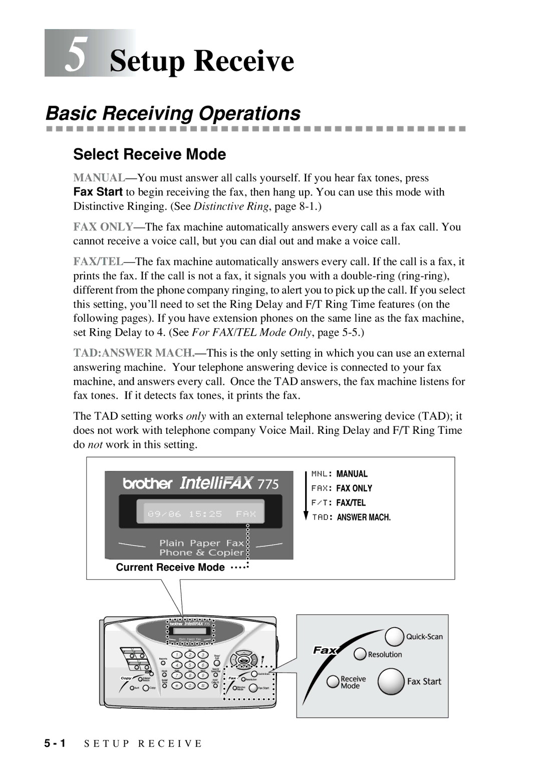 Brother FAX-775 owner manual Setup Receive, Basic Receiving Operations, Select Receive Mode 