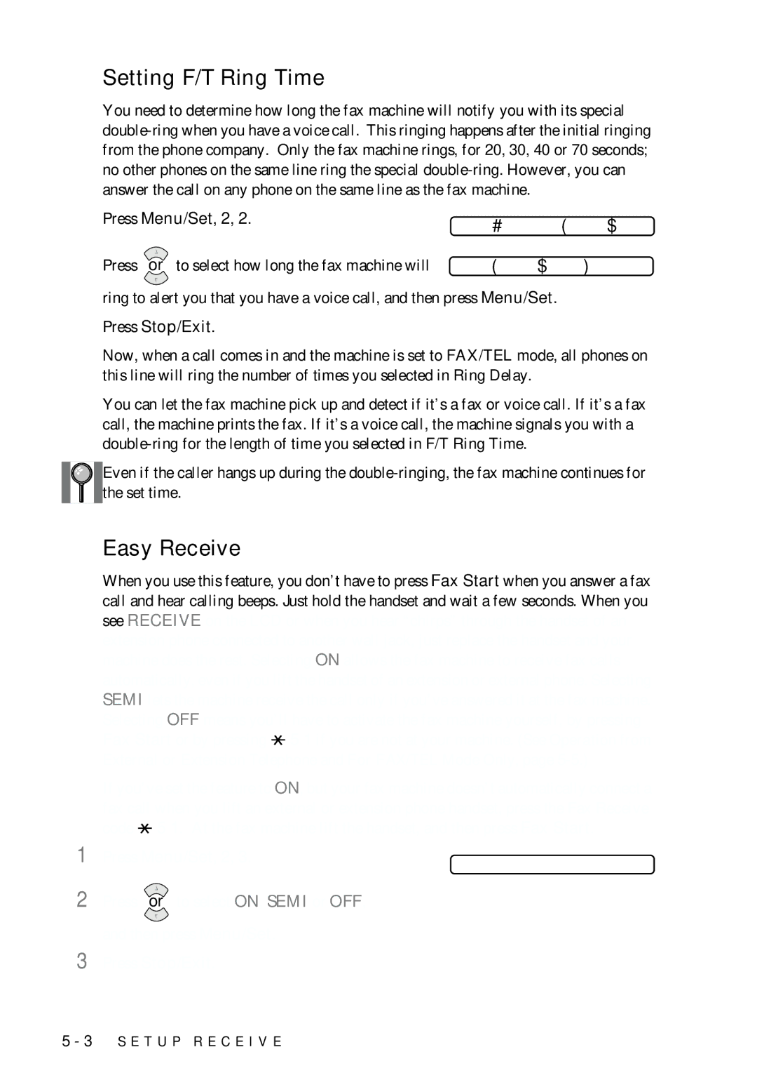 Brother FAX-775 owner manual Setting F/T Ring Time, Easy Receive 