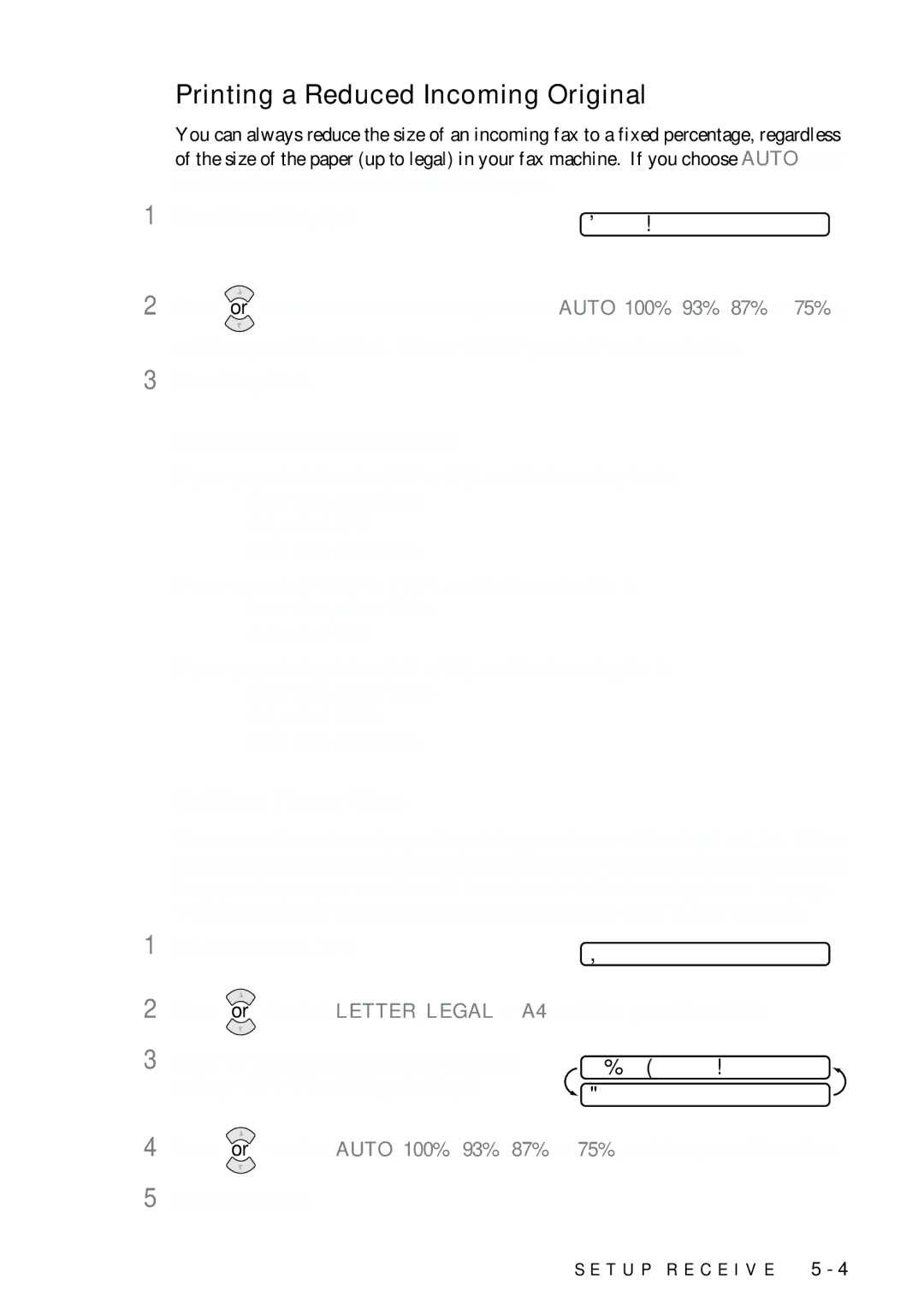 Brother FAX-775 owner manual Printing a Reduced Incoming Original, Setting Paper Size, Recommended Reductions 