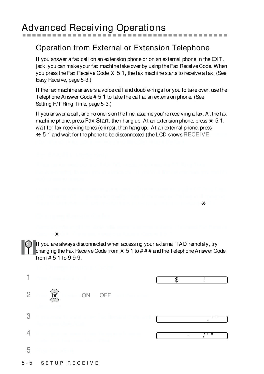 Brother FAX-775 Advanced Receiving Operations, Operation from External or Extension Telephone, For FAX/TEL Mode Only 